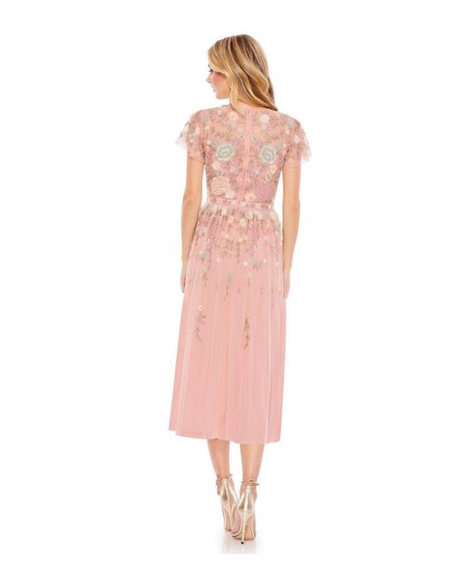 Mac Duggal Pink Embellished Illusion High Neck Butterfly Sleeve Midi Dress
