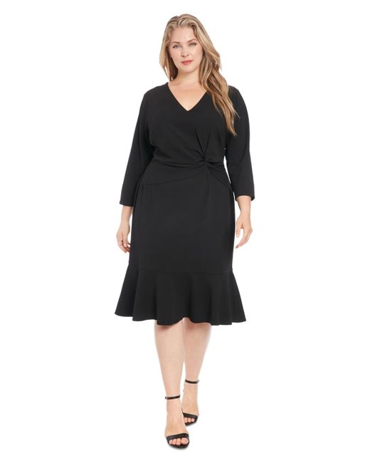 London Times Black Plus Size Side-knot 3/4-sleeve Dress