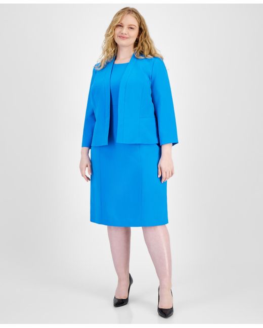 Le Suit Blue Plus Size Crepe Open Front Jacket And Crewneck Sheath Dress Suit