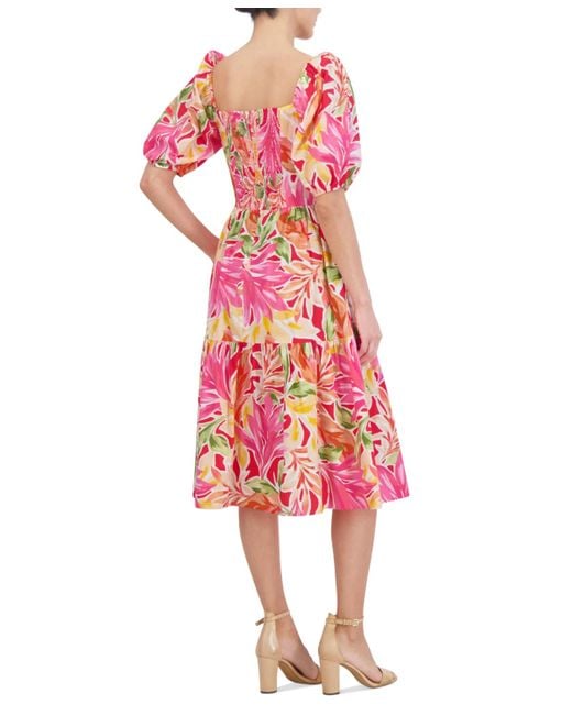 Vince Camuto Red Floral-print Puff-sleeve Midi Dress