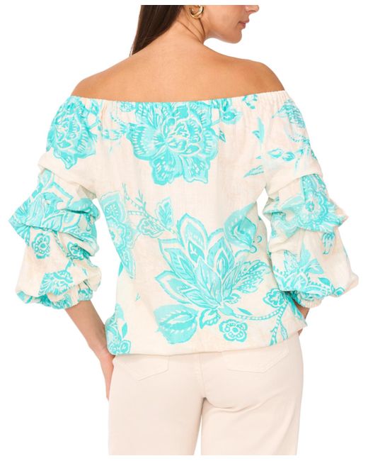 Vince Camuto Blue Floral Linen-blend Off-the-shoulder Bubble 3/4-sleeve Tie-front Blouse