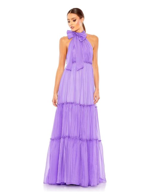 Mac Duggal Purple Ieena Ruched Tiered High Neck Bow A Line Gown