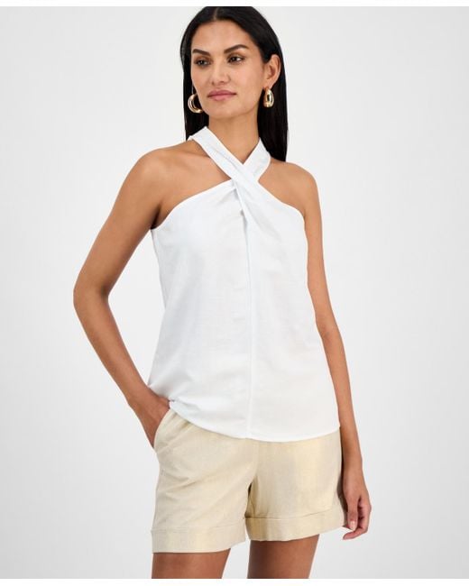 INC International Concepts White Linen-blend Halter Top