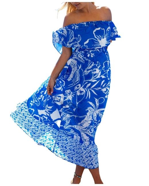 CUPSHE Blue Floral Off-shoulder Maxi Beach Dress