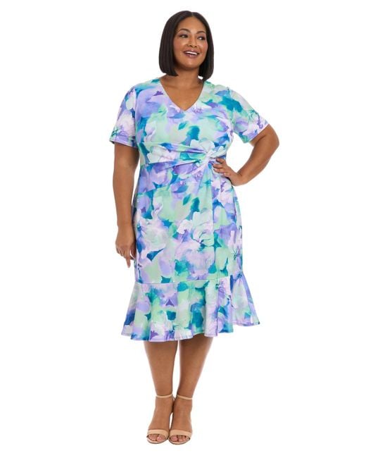 London Times Women's Blue Plus Size Floral-print Twist-front Midi