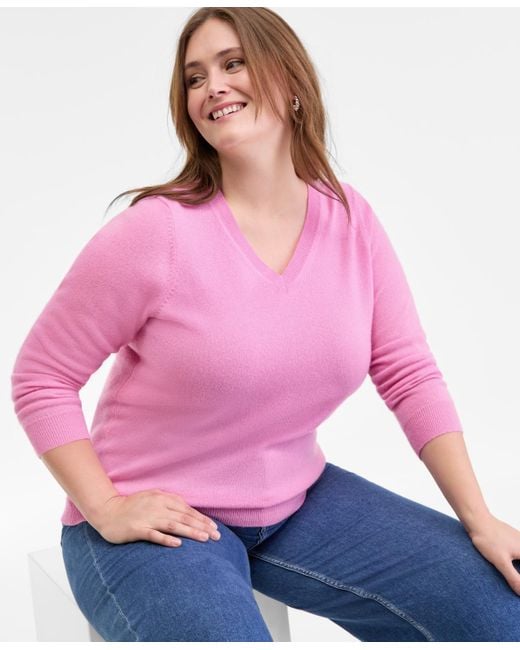 Charter Club Women's Pink Plus Size 100% Cashmere V-neck Sweater