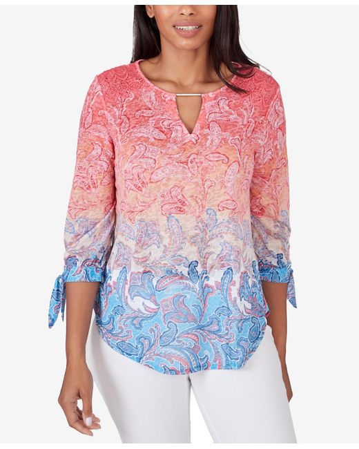 Ruby Rd Red Petite Ombre Guava Paisley Printed Knit Top