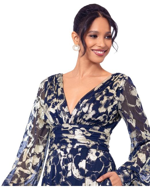 Betsy & Adam Women's Blue Printed Blouson-sleeve Maxi Dress Betsy & Adam Women's Blue Printed Blouson-sleeve Maxi Dress