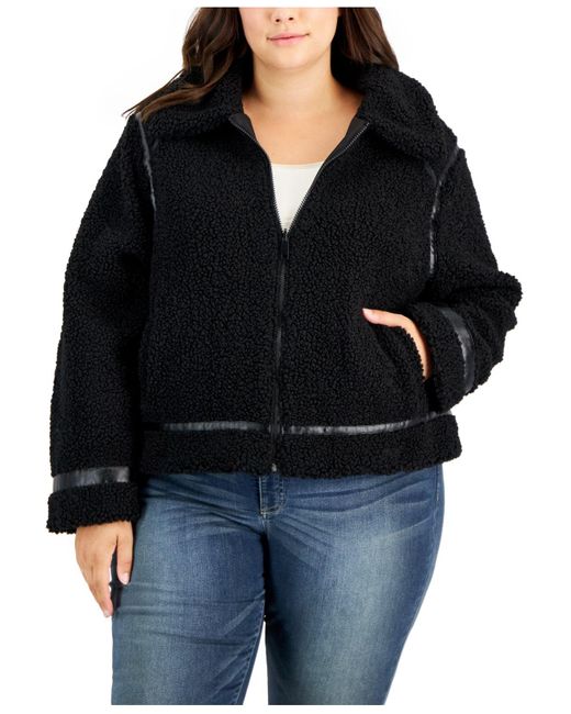 Maralyn & Me Black Trendy Plus Size Faux-leather-trim Reversible Fleece Moto Coat, Created For Macy's