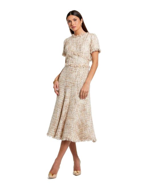 Mac Duggal Natural Boucle Short Sleeve A Line Midi Dress