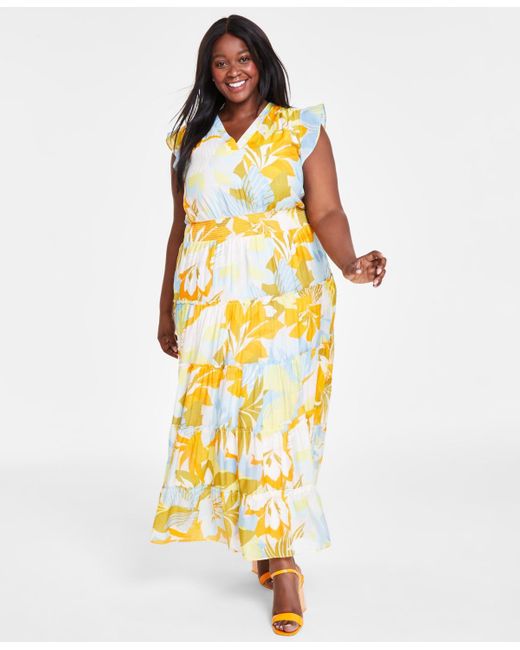 Vince Camuto Metallic Plus Size Printed Flutter-sleeve Tiered Maxi Dress