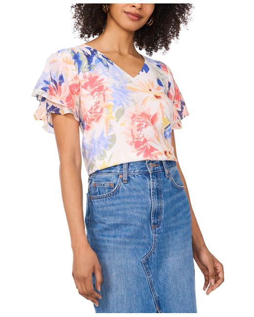 Vince Camuto Blue Floral-print Flutter-sleeve Top
