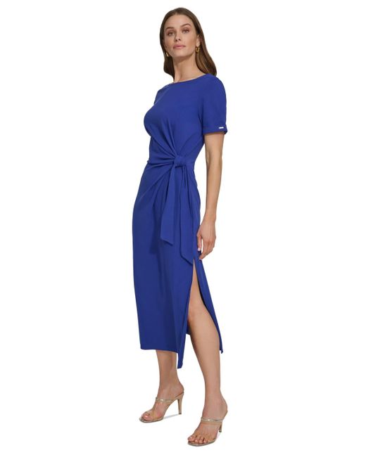 DKNY Blue Side-tie Short-sleeve Midi Dress