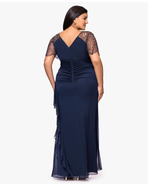 Xscape Plus Size Beaded Flutter Short Sleeves Sheath Dress in Blue | Lyst