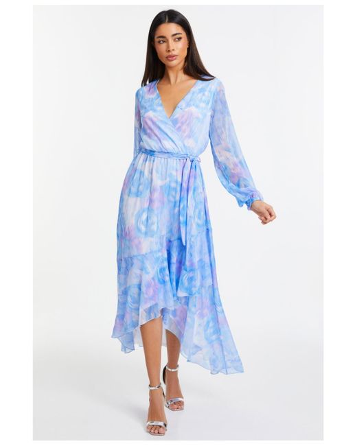 Quiz Blue Chiffon Water Color Long Sleeve Maxi Dress