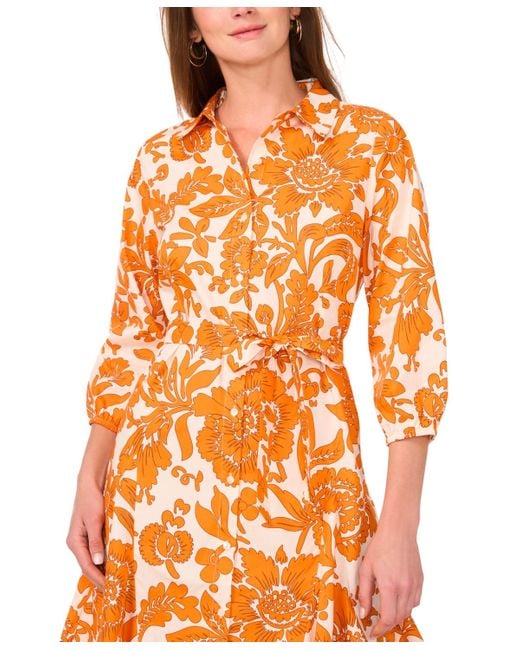 1.STATE Orange Printed Collared Button-front Dress