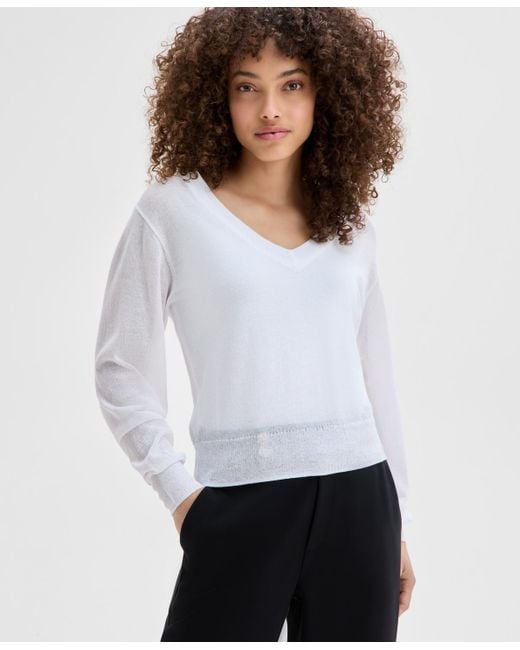 INC International Concepts White Petite V-neck Sweater