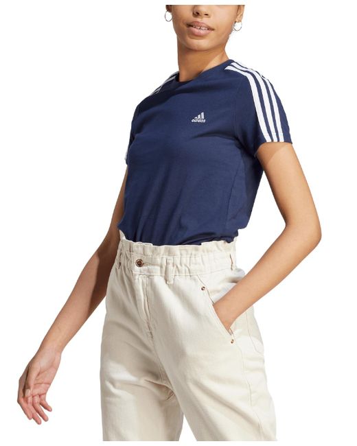 Adidas Blue Essentials Cotton 3 Stripe T-shirt