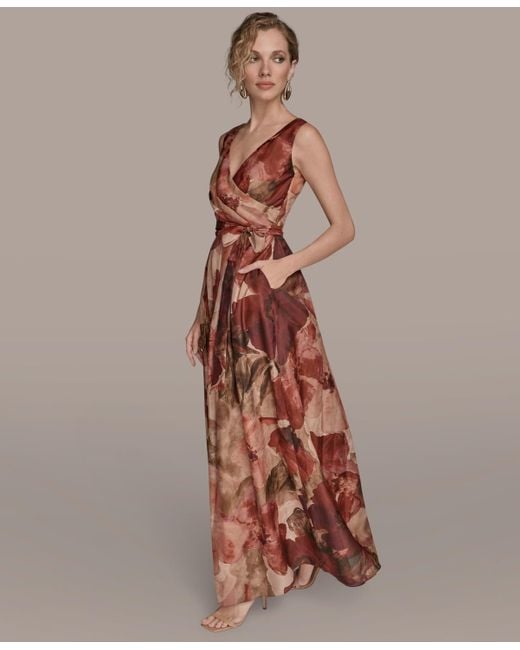 Donna Karan Brown V-neck Floral Ball Gown