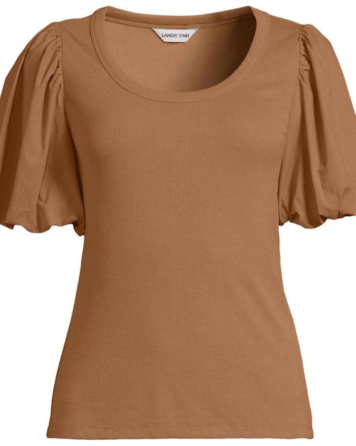 Lands' End Blue Plus Size Drapey Rib Puff Sleeve Scoop Neck Top