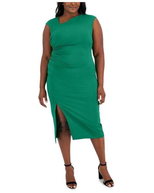 Anne Klein Green Plus Size Asymmetrical-neck Midi Dress