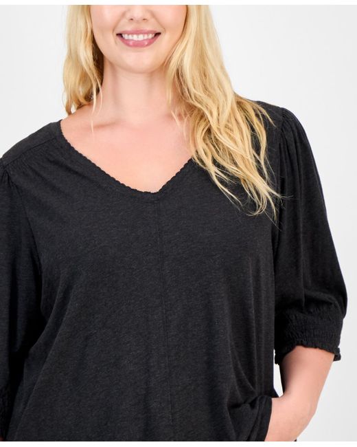 Democracy Black Trendy Plus Elbow-sleeve Smocked-cuff Blouse