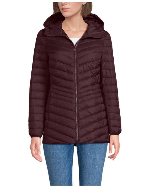 Lands' End Red Wanderweight Packable Down Hooded Long Jacket