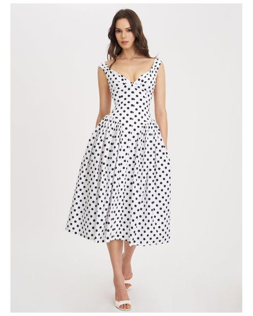 Miss Circle White Rahma Polka Dot Drop Waist Midi Cotton Poplin Dress