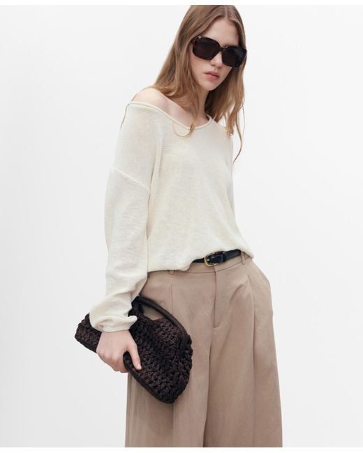 Mango White V-neck Knit Sweater