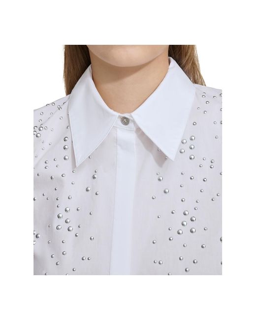 DKNY White Cotton Studded Cropped Shirt