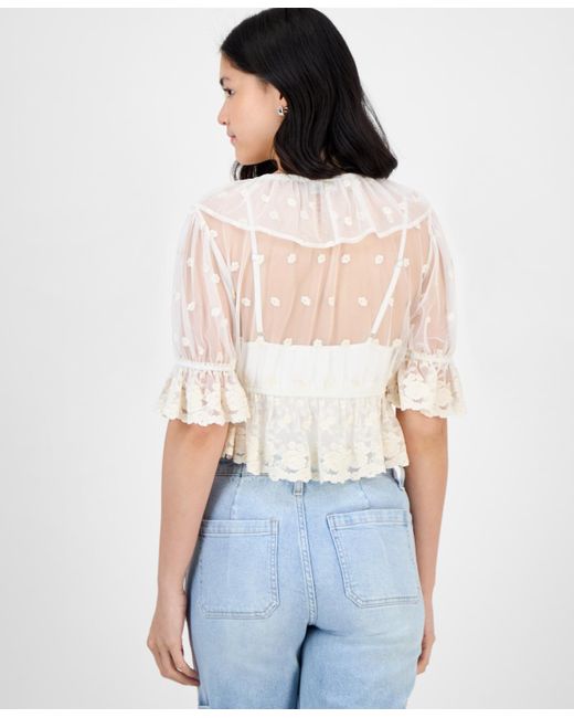And Now This White V-neck Ruffle-trim Mesh Top