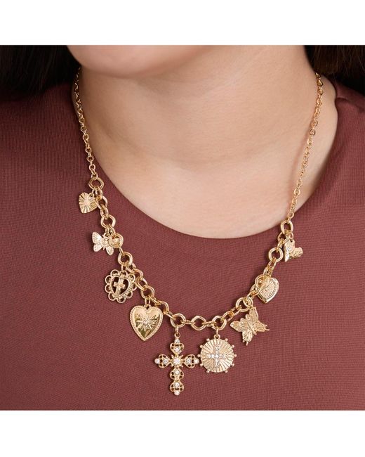 Jessica Simpson Metallic Tone Textured Cross & Heart Charm Necklace