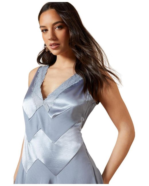 Oasis Blue V-neck Mesh Asymmetric Midi Dress