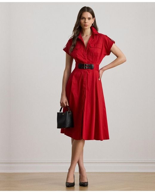 Ralph Lauren Red Buckle-trim Cotton-blend Shirtdress
