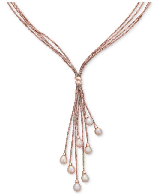 Macy's Metallic Cultured Freshwater Pearl (6-1/2 Mm) Multi-strand 18" Lariat Necklace In 14k Rose Gold-plated Sterling Silver
