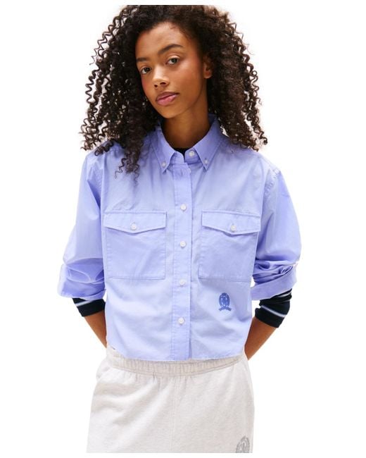 Tommy Hilfiger Blue Cotton Crop Button-front Crest Shirt