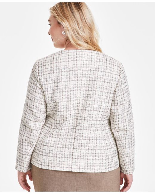 Kasper Natural Plus Size Plaid Tweed Open-front Cardigan Jacket