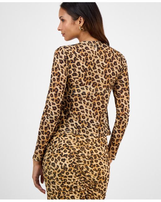 BarIII Brown Print Mesh Long-sleeve Top