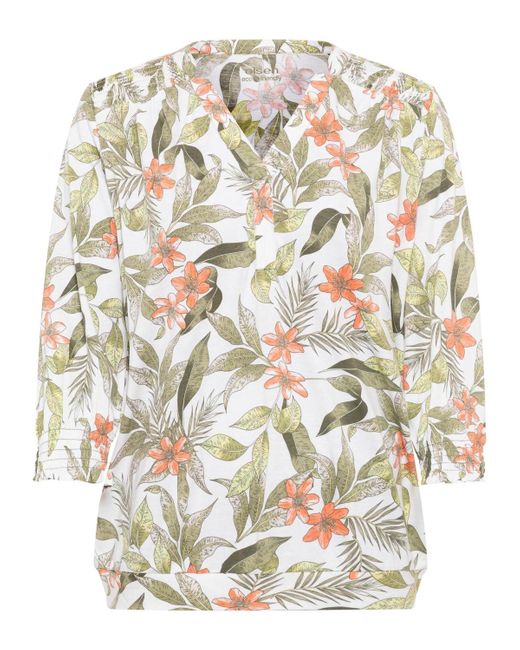 Olsen White Cotton Blend 3/4 Sleeve Tropic Jungle Print T-shirt Containing [tm] Modal