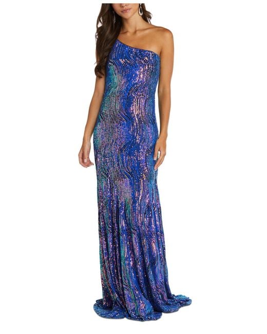 Nightway Blue One-shoulder Rainbow-sequin Gown