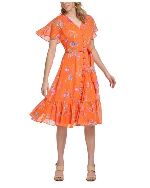 Calvin Klein Orange Petite V-neck Chiffon A-line Dress