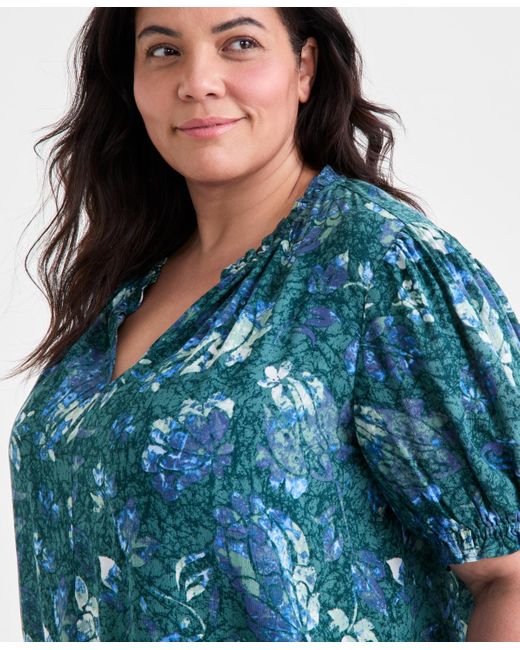 Style & Co. Blue Plus Size Printed Ruffle-trim Blouse