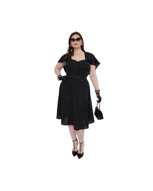 Unique Vintage Black Plus Size Woven Detachable Capelet Swing Dress