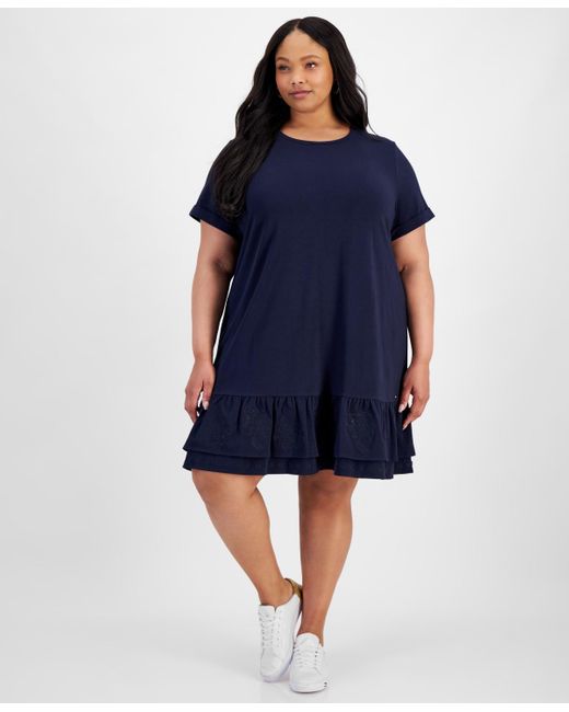 Tommy Hilfiger Blue Plus Size Short-sleeve Tiered Embroidered Dress
