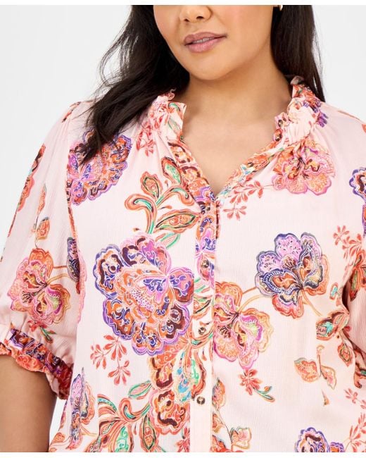 Democracy Red Trendy Plus Size Floral-print Ruffle-trim Blouse