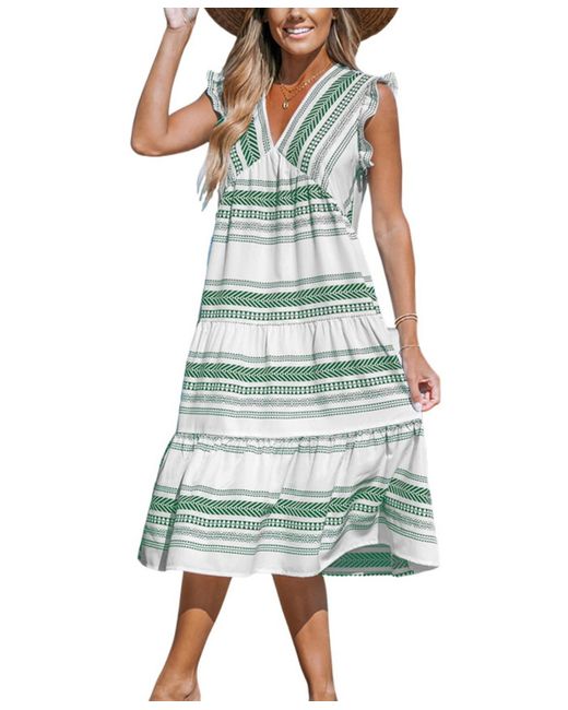 CUPSHE Green Boho Striped V-neck Flutter Sleeve Midi Beach Dress