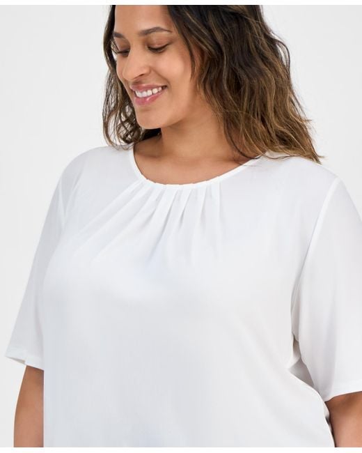 Kasper White Plus Size Elbow-sleeve Pleated-neck Top
