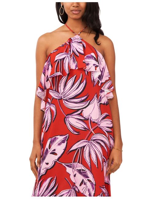 1.STATE Red Tropical Print Ruffled Halter Neck Maxi Dress