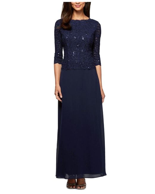 Alex Evenings Dress, Elbowsleeve Sequined Lace Gown in Blue Lyst