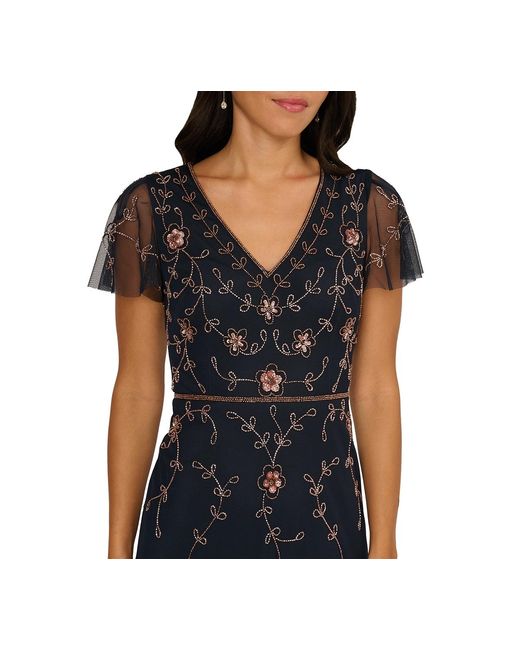 Adrianna Papell Beaded V-neck Long Dress in Black | Lyst